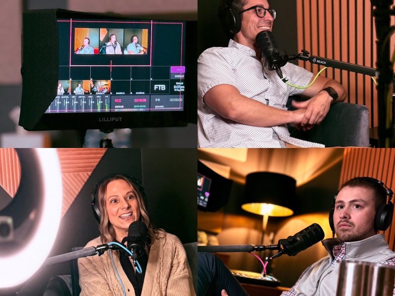 Executive Director of Visit Wabash County Christine Flohr (bottom left), President and CEO of the Community Foundation of Wabash County Alex Downard (bottom right), and Visit Wabash County Board President Adam Stakeman (top right) host ThriveIN.