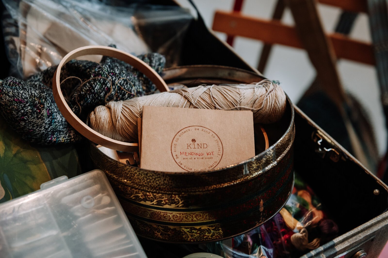 A close-up of K1nd Goods' mending kit.