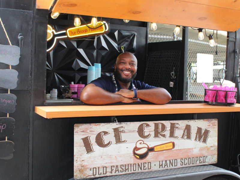 Tony Belton inside The Scoop Hitchen, a trailer that he converted to serve ice cream out of.