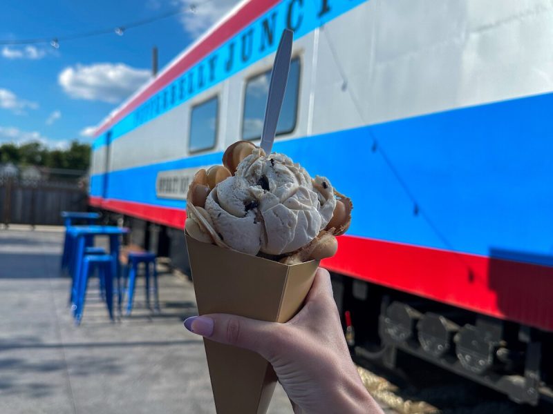 Smores ice cream in a bubble waffle cone from Pufferbelly Ice Cream.