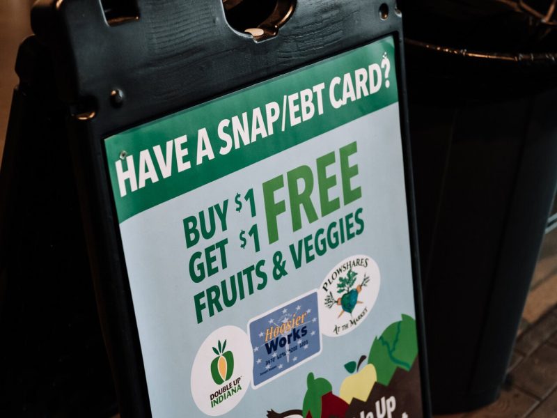 Signage for the Double Up program at Ft Wayne's Farmers Market on Dynamo Alley.