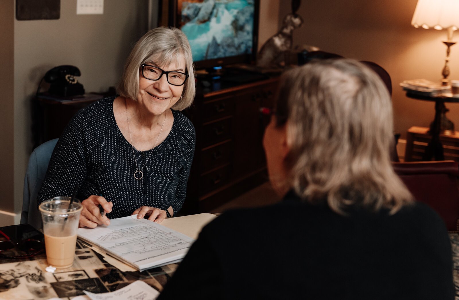 Debby Beckman, left, and Anna Ross have their Audiences Unlimited monthly meeting at Tall Rabbit.