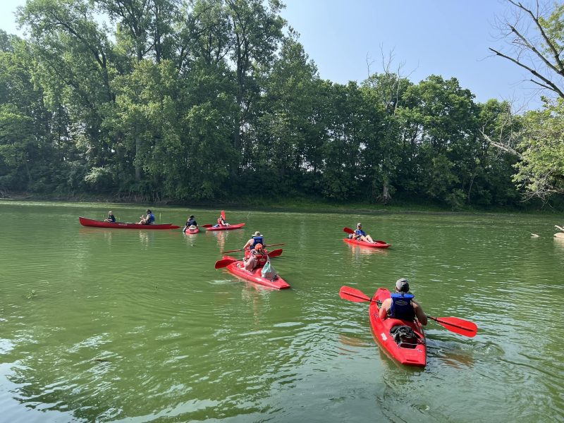 Kayakers make their way down the Wabash River.
