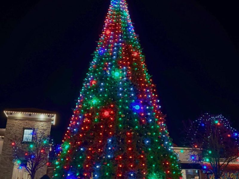 With shops lit up throughout the establishment, it is centered around a large Christmas tree that peeks above all of Jefferson Pointe with large lights and bulbs.