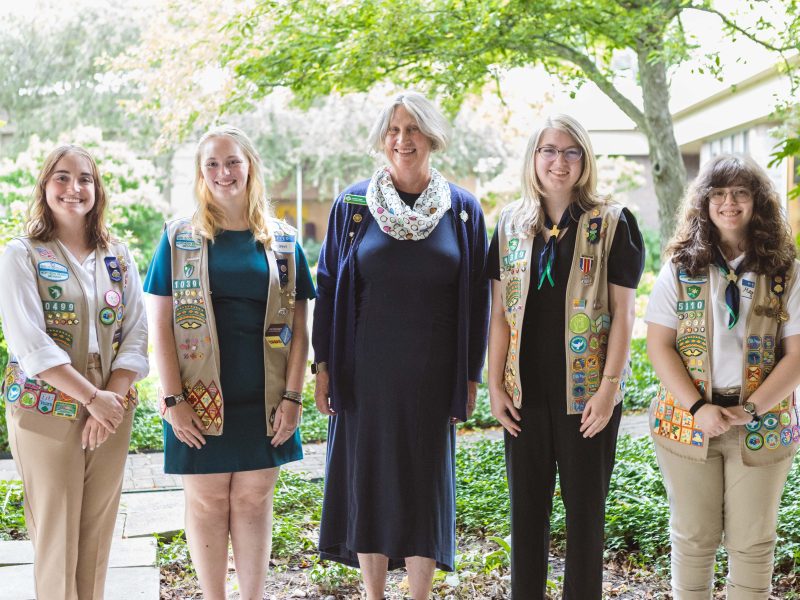 Girl Scouts of Northern Indiana-Michiana CEO Sharon Pohly (center) is shown with Gold Award Girl Scout honorees Sunday, June 25, at Goshen College. From left are Heather Elwood, Colleen Britten, Keely Roe, and Megan Willis.