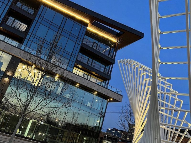 The Riverfront at Promenade Park is designed of all glass windows on one side with 25,000 square feet of office space, 15,000 square feet of retail space, and a 900 space parking garage.