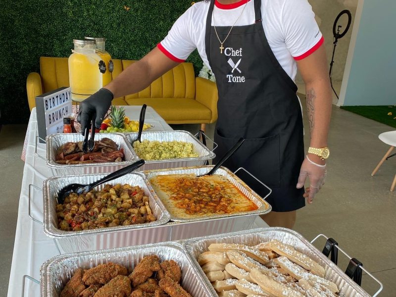 Chef Tone Wilson sets up for a small catering event.