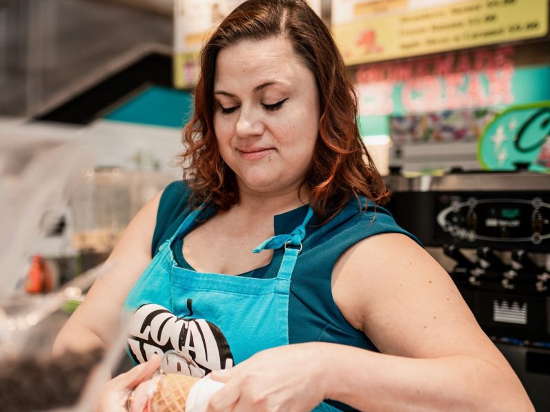 Rachel Nally, owner of Local Apple Cart, makes an ice cream cone.