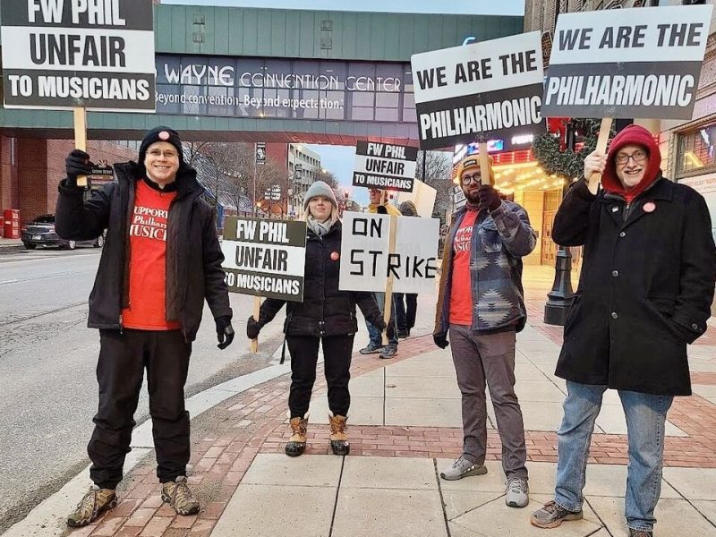 Philharmonic players and supporters strike in Downtown Fort Wayne. Image courtesy of the Facebook page for the Musicians of the Fort Wayne Philharmonic.