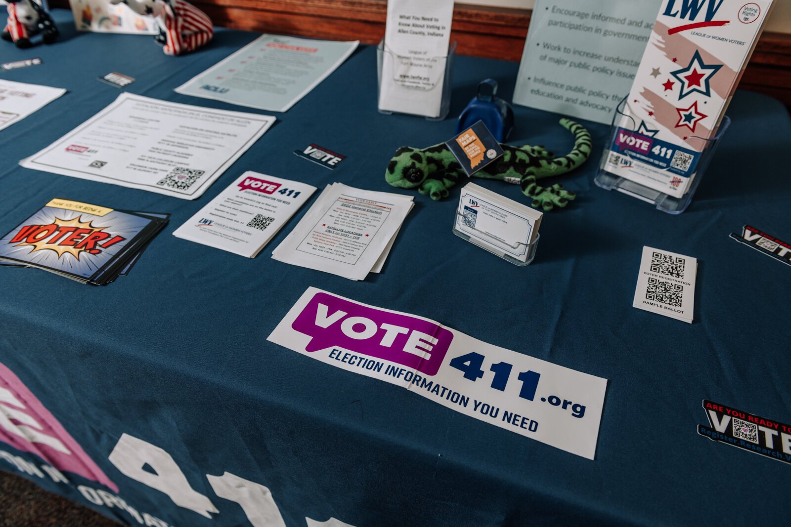 Items on a voting information table set up by Betsy Kachmar, Co-President of League of Women Voters of Fort Wayne at the Allen County Public Library Tecumseh branch. Kachmar's team has set up similar tables in 40 locations in the last month.