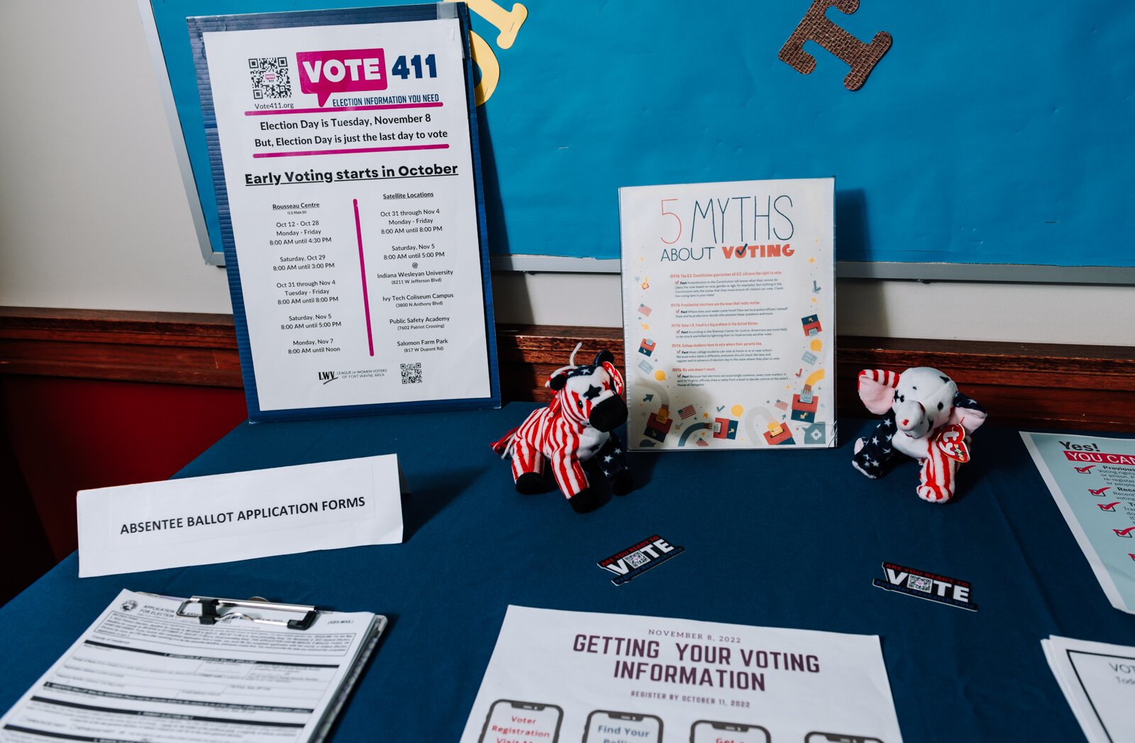 Items on a voting information table set up by Betsy Kachmar, Co-President of League of Women Voters of Fort Wayne at the Allen County Public Library Tecumseh branch. Kachmar's team has set up similar tables in 40 locations in the last month.