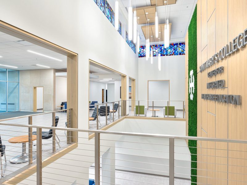 The Saint Mary’s Regina Hall Center for Integrative Healthcare Education incorporates people-focused design ideas, such as natural light, biophilic design, and acoustical separation.