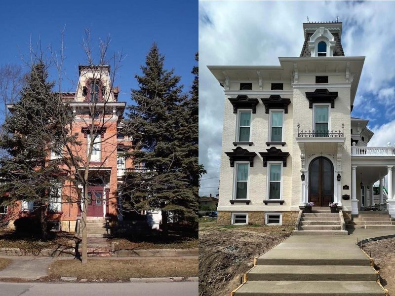 The exterior of the Rauh's home before (left) and after (right) renovations.