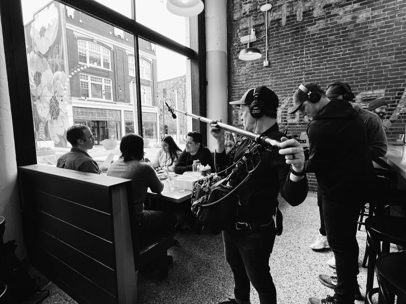 The "Mise & Place" crew behind the scenes, filming Season One in Downtown Fort Wayne at The Landing Beer Co.