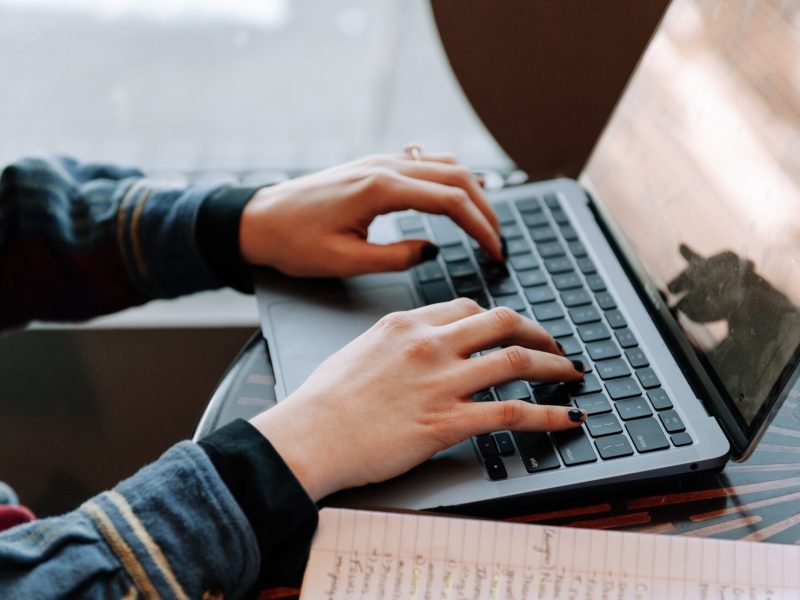 Ashley Sincoff works on schoolwork at Davey's Delicious Bagels, 1006 Broadway, Fort Wayne, IN 46802.