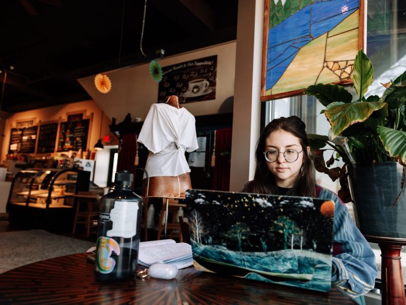 Ashley Sincoff works on schoolwork at Davey's Delicious Bagels, 1006 Broadway, Fort Wayne, IN 46802.