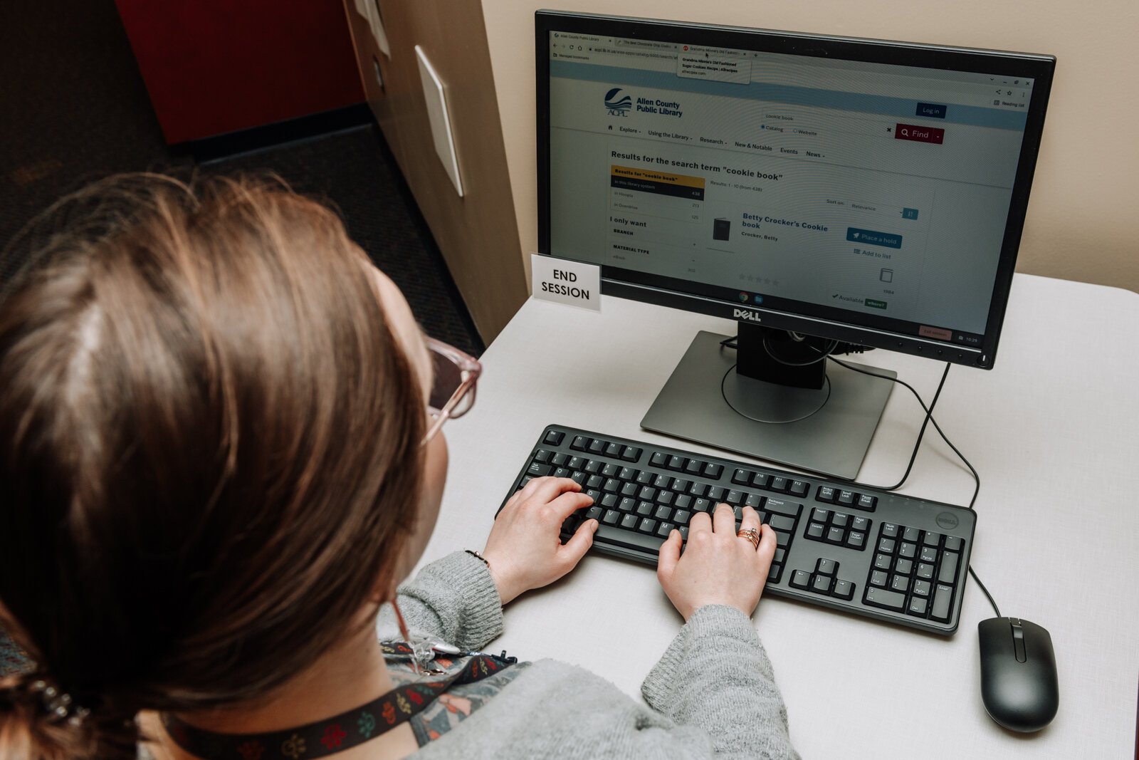 Librarian Kristina Lay uses a computer at the Allen County Public Library's Monroeville branch at 115 Main St. in Monroeville.