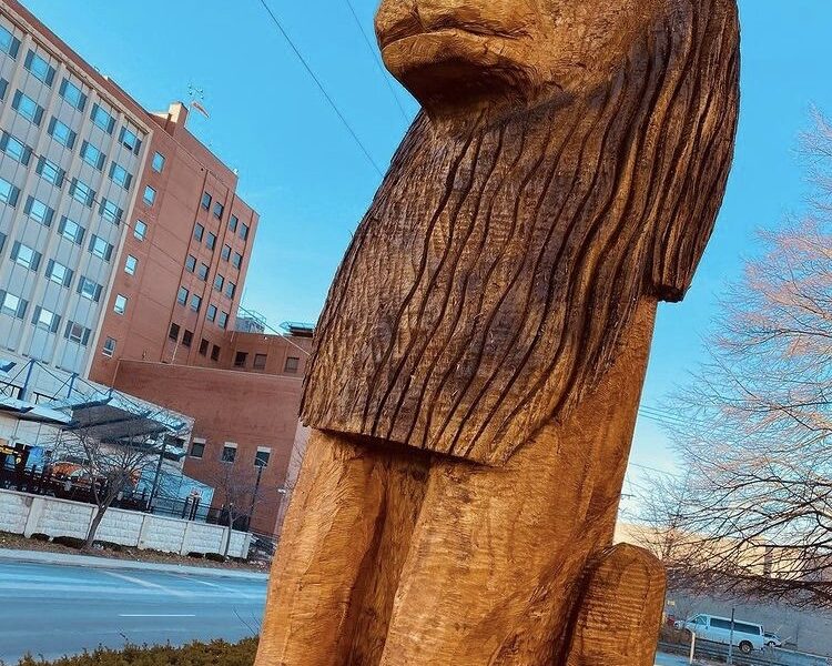 A lion sculpture outside Sharon's Victorian House of Gifts in Downtown Fort Wayne at 634 W. Berry St.