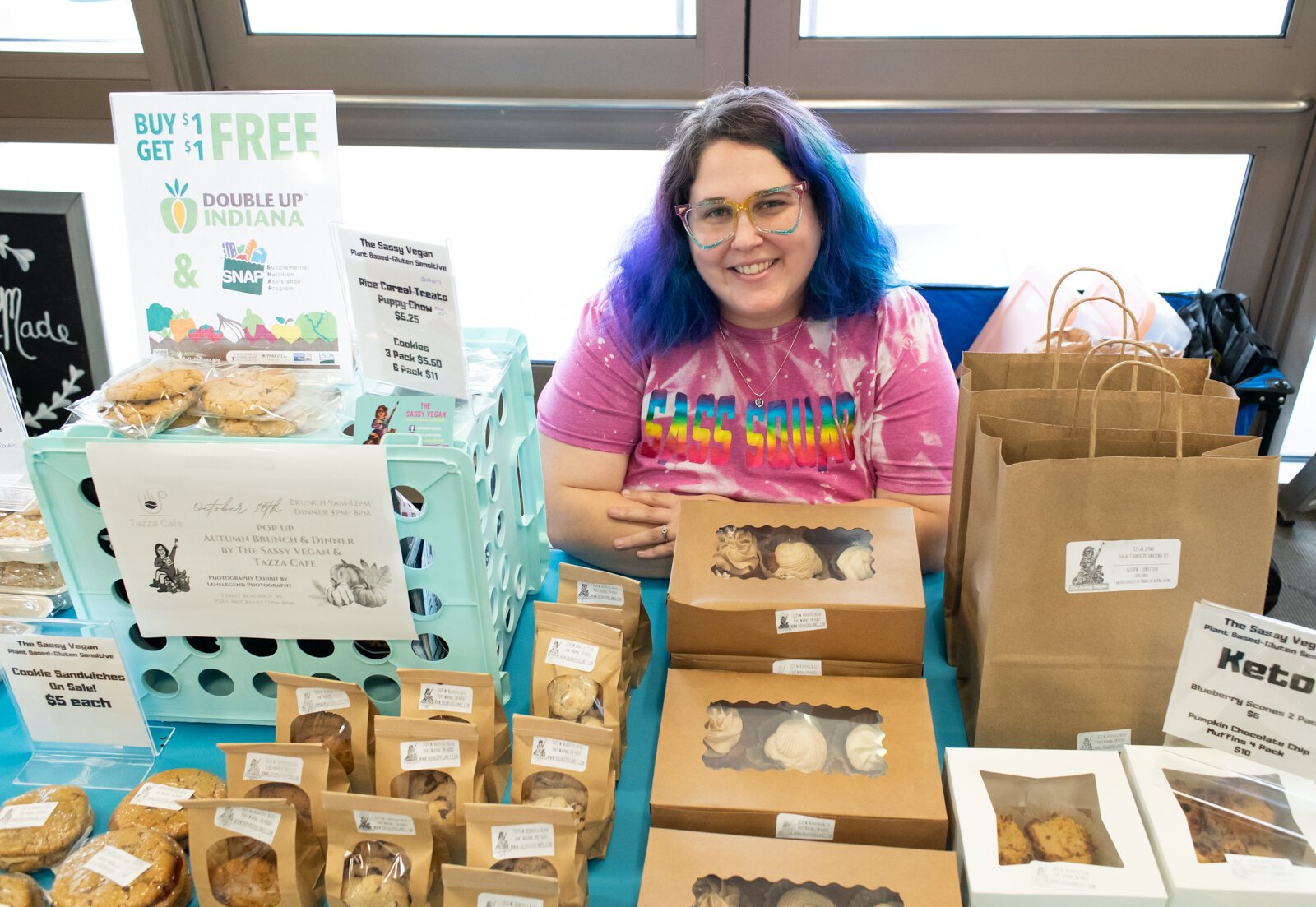 Rachel Smith, owner of The Sassy Vegan, at the Fort Wayne Farmers Market inside the Lincoln Event Center at Parkview Field.