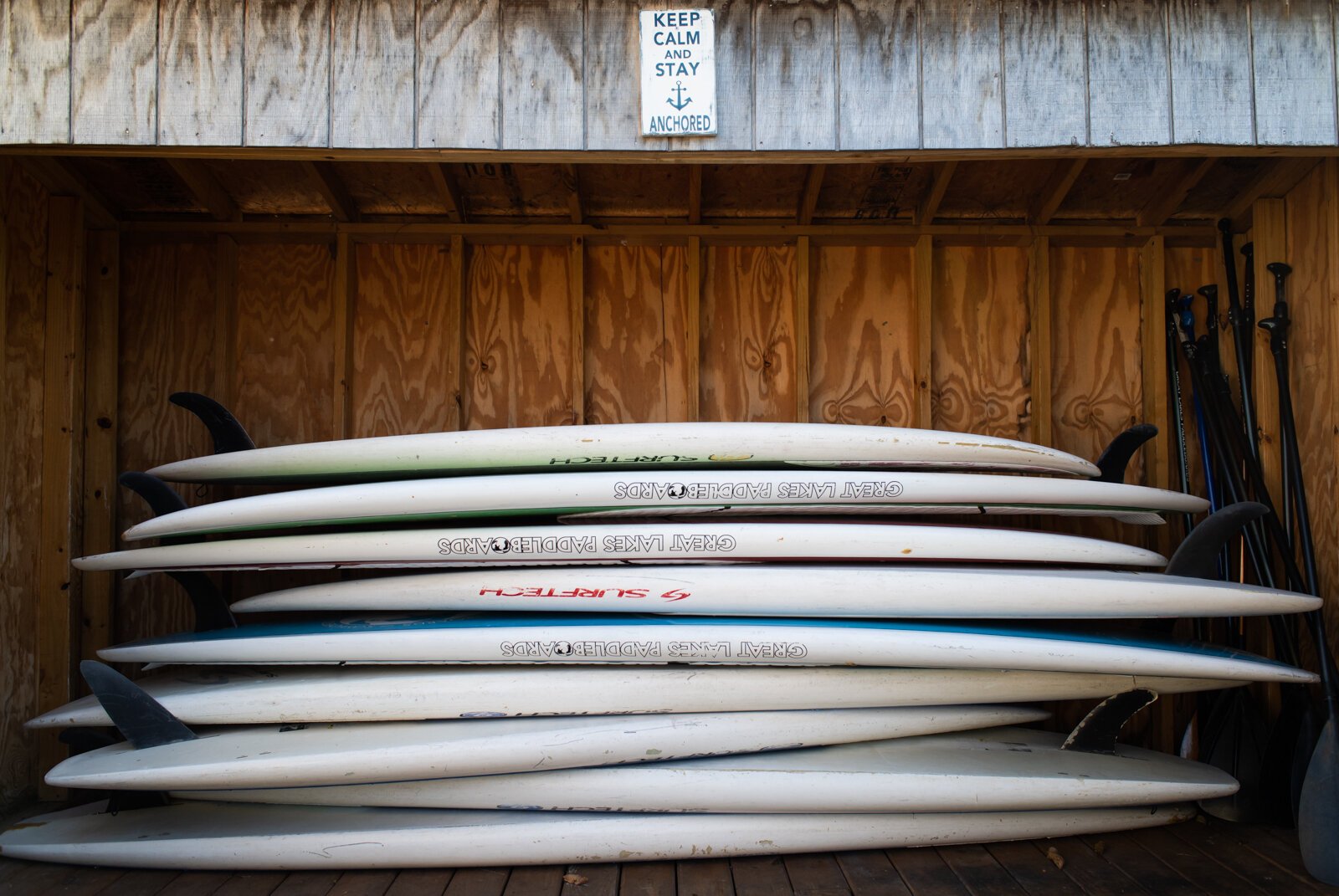 The paddle board closet at The Lake House at 720 E. Canal St. in Winona Lake, IN.