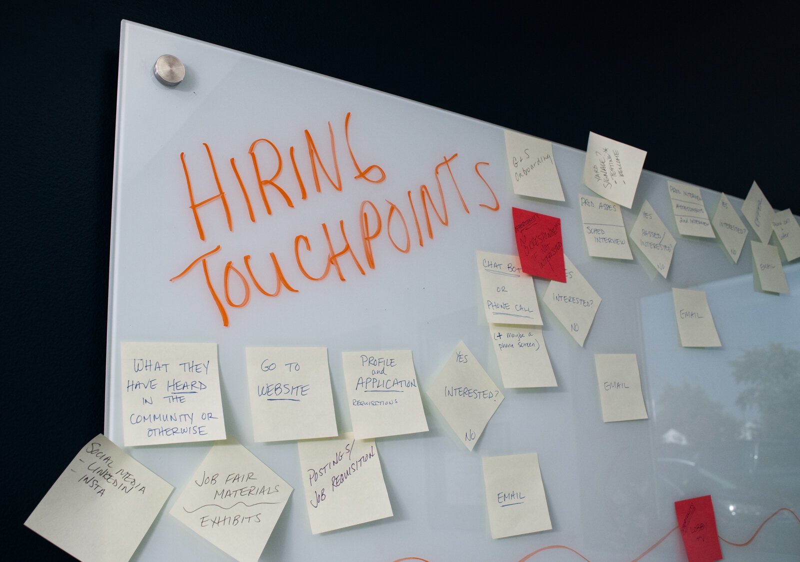 A board with hiring and onboarding checkpoints at Fort Wayne Metals on Ardmore Ave.