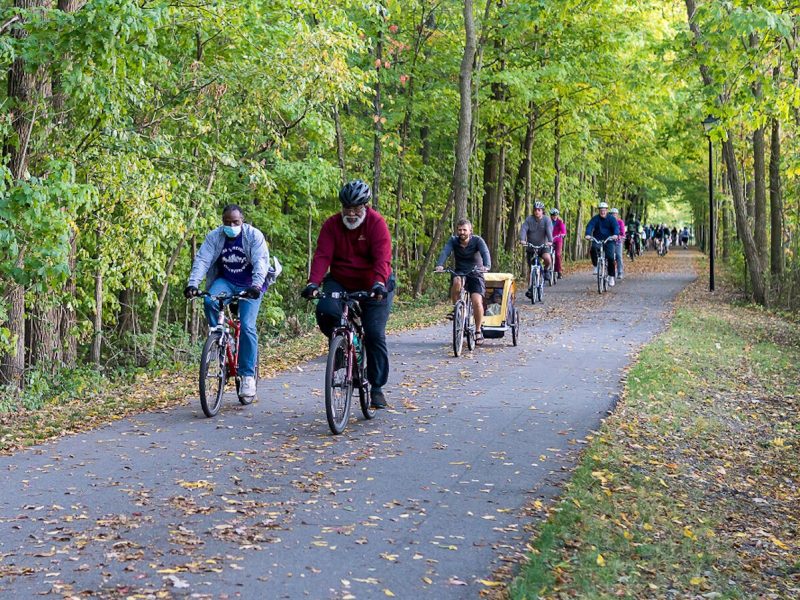 The City of Fort Wayne, New Haven, and Fort Wayne Trails host weekly family-friendly bike rides on Tuesday nights called Trek the Trails. 