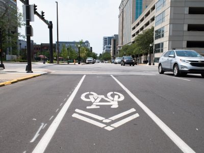 Bike lanes create connectivity for cyclists through downtown Fort Wayne.