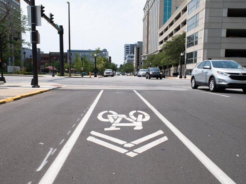 Bike lanes create connectivity for cyclists through downtown Fort Wayne.