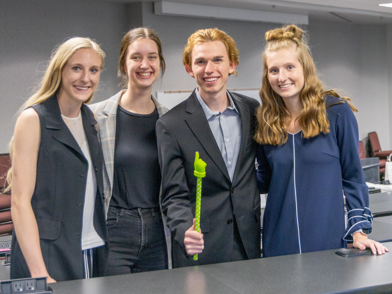 The four winners of Grace College's ninth annual business plan competition, from left, are: Mackenzie Rae DeLong, Melissa Mucci, Mitchell Bowen, and Kiersten Martin.