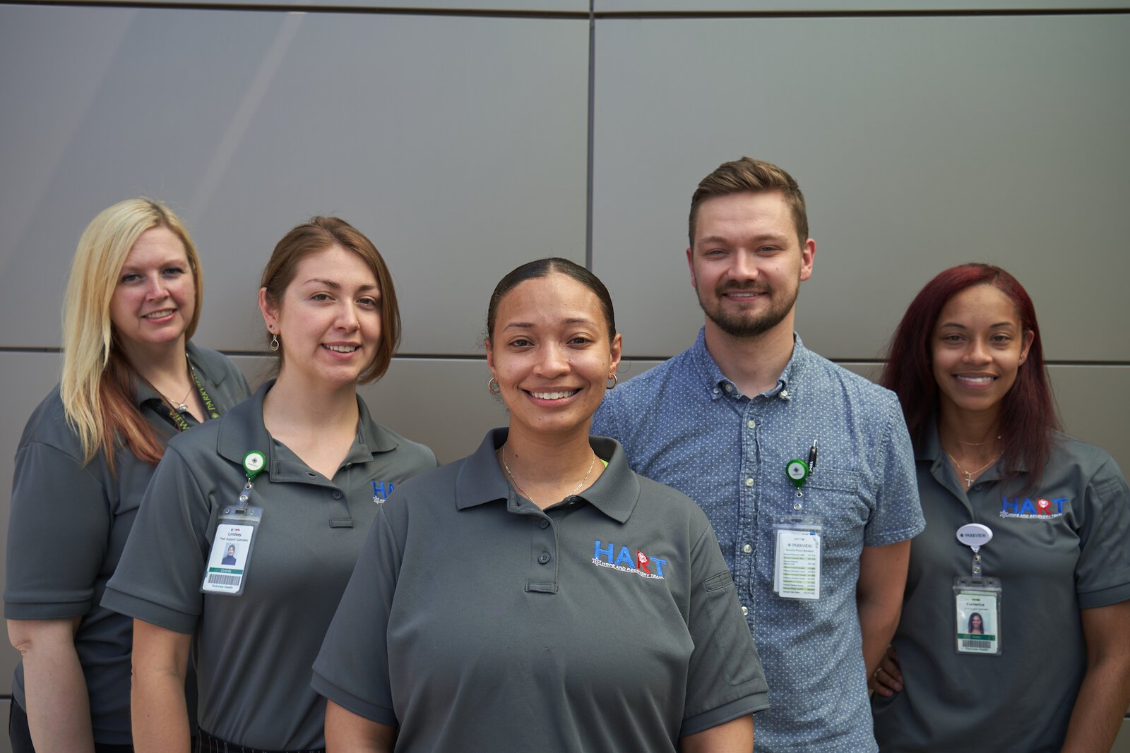 Peer support specialists on Parkview Health's HART team include, from left to right: Cara Teders, Lindsey Hernandez, Misha’Le Nagel, Jeremy Mehay, and Frederica Rogers.
