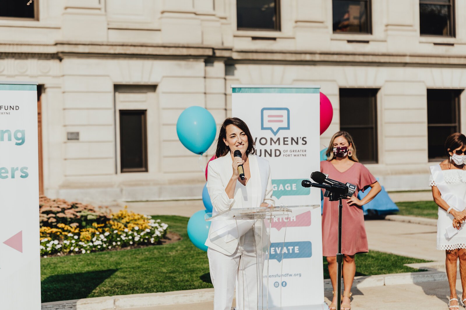 Gerardot speaks to a socially distant crowd at the launch of the Women's Fund of Greater Fort Wayne.