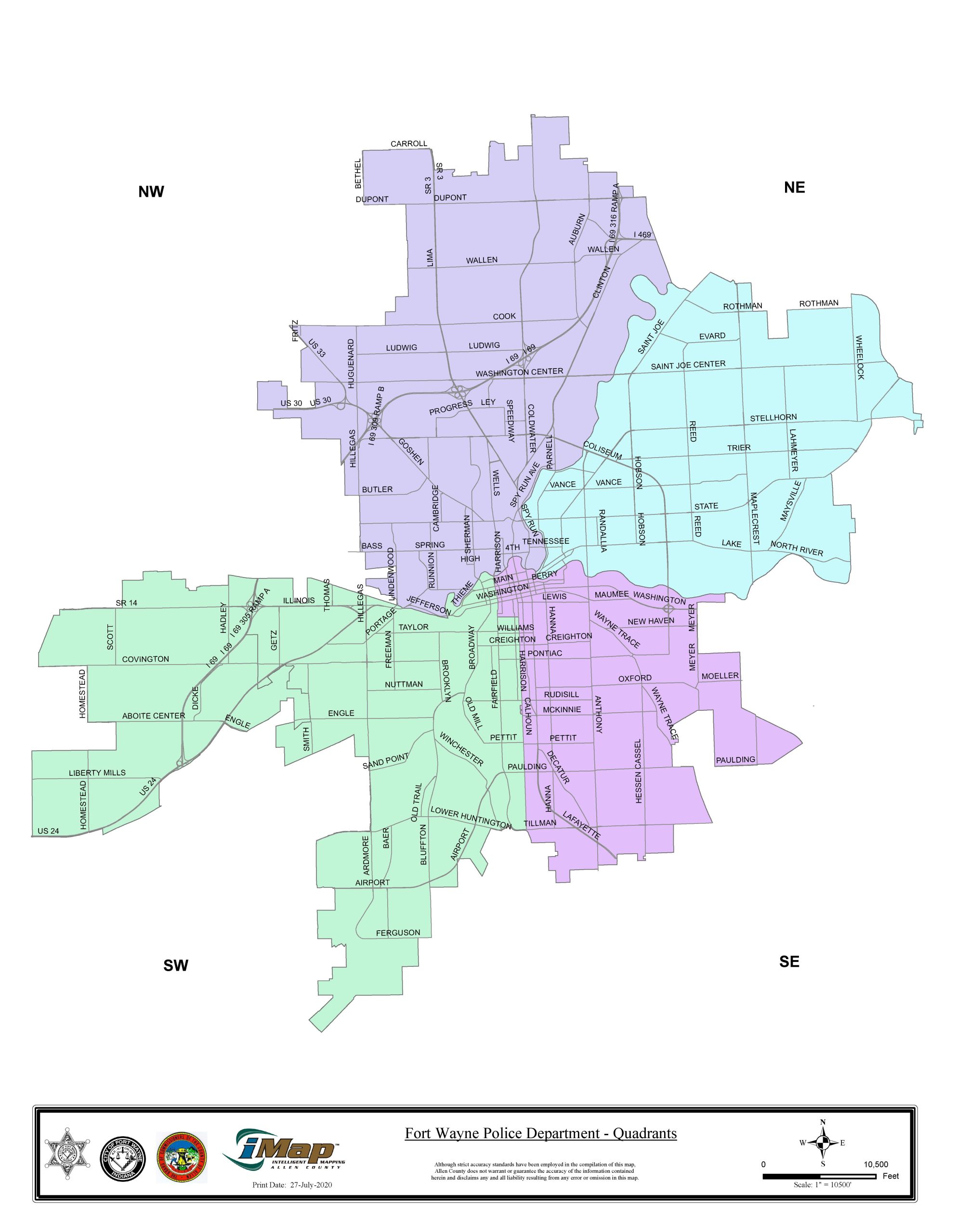 The Fort Wayne Police Department's quadrant map.