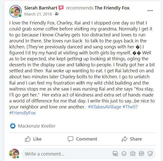 Barnhart shared an uplifting experience at The Friendly on social media.