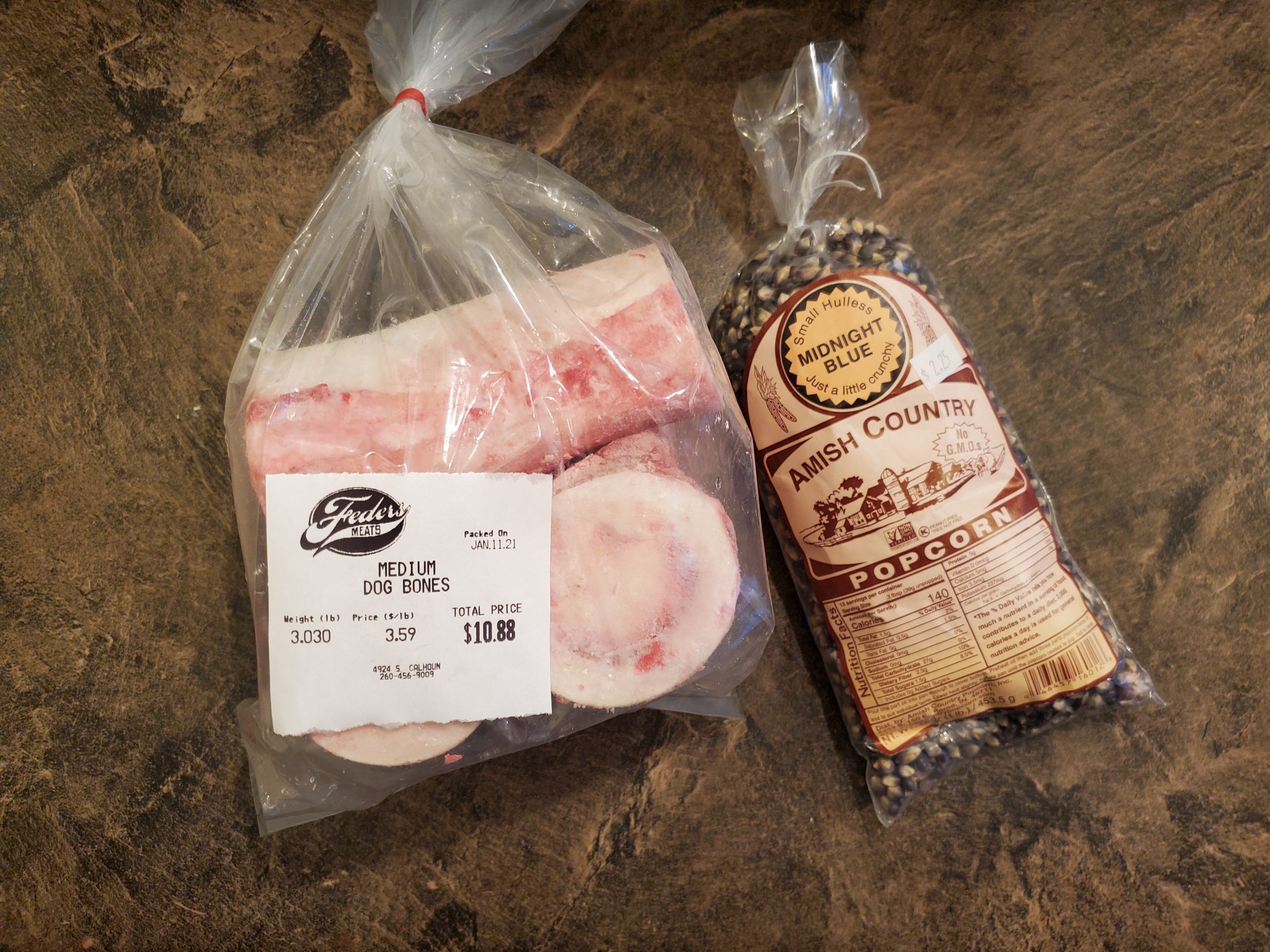 Feders meat dog bones and midnight blue popcorn.