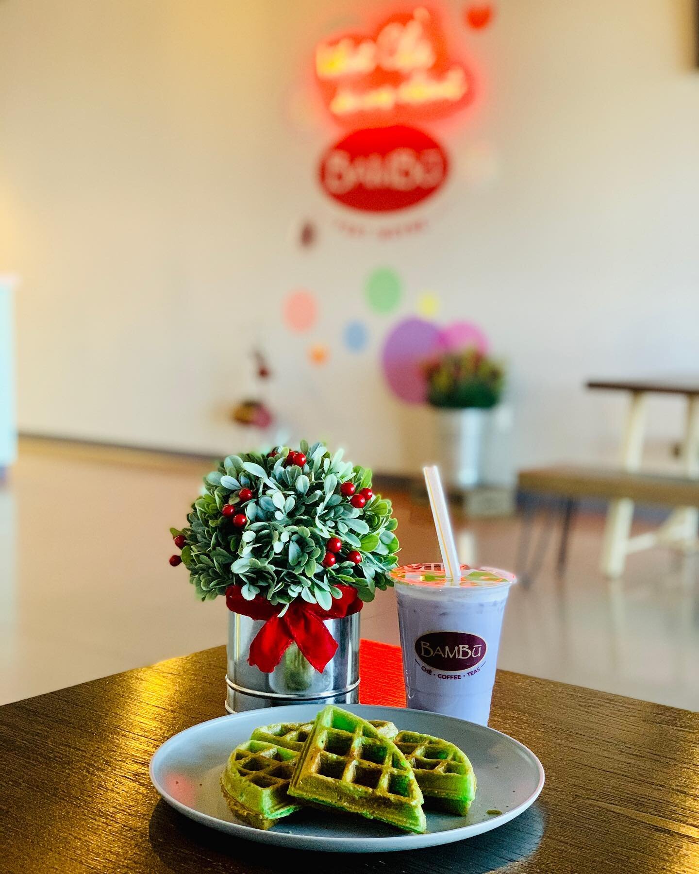 A Taro Milk Tea and Pandan Waffle at Bambu.