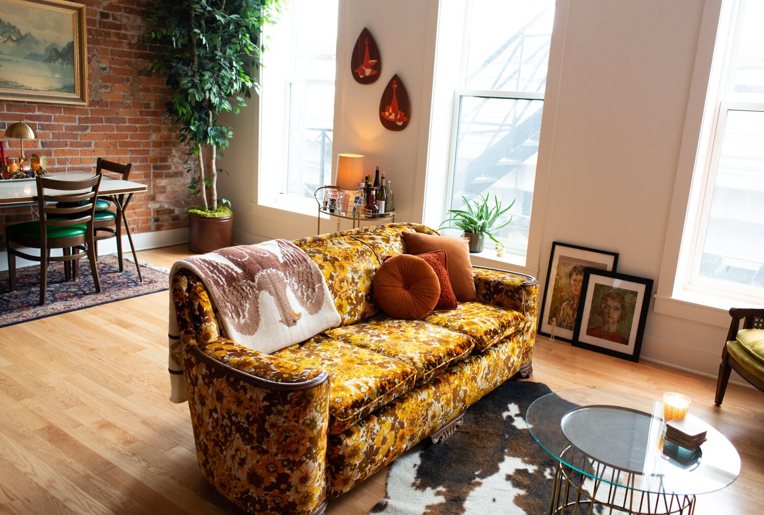 Rich patterns and textures enliven the industrial vibes of this loft.