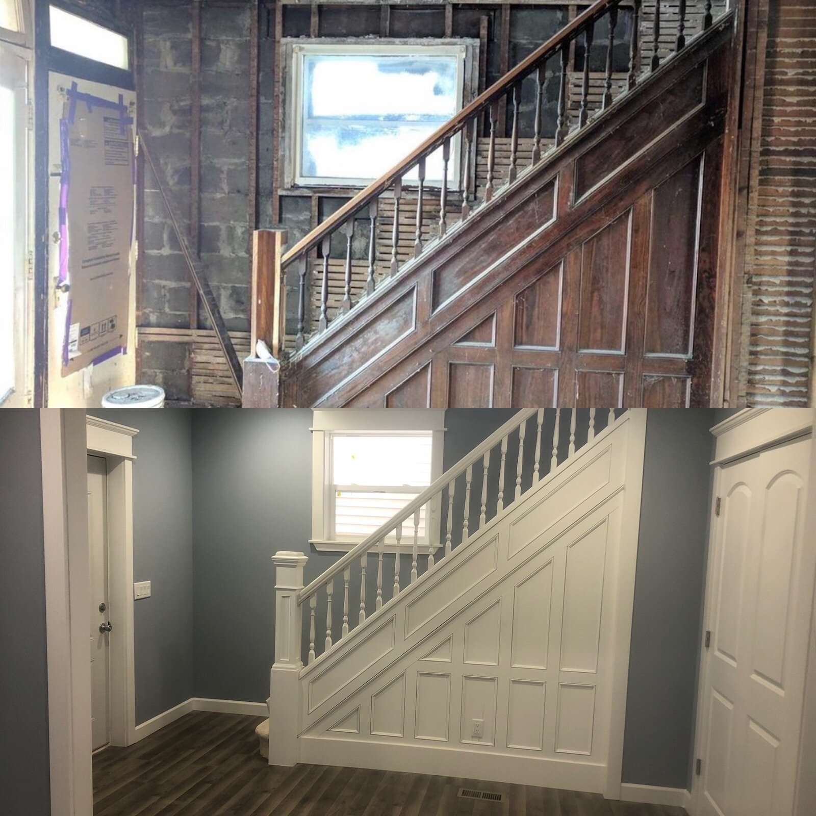 A before and after of historic staircase Leon restored and updated.
