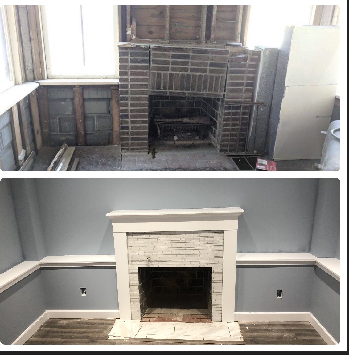 A before and after shot of a fireplace Leon brought back to its former glory.