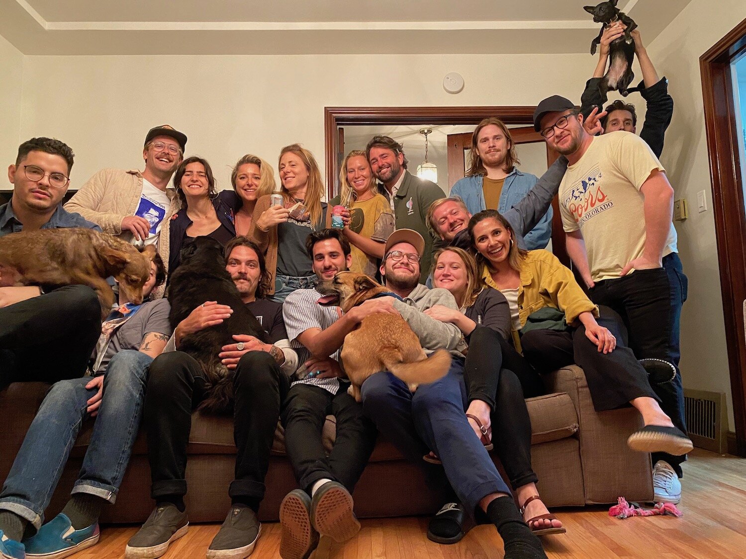 Wood's friends at a pre-COVID-19 gathering in Los Angeles before they dispersed across the U.S.