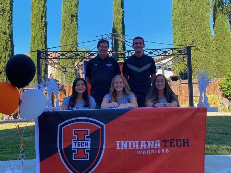 From left, back row are Indiana Tech Women's Soccer Coaches Jim Lipocky and Glen Gomez. In front of them are players Karmina Jimenez, Alyssa Williams, Alina Garcia.
