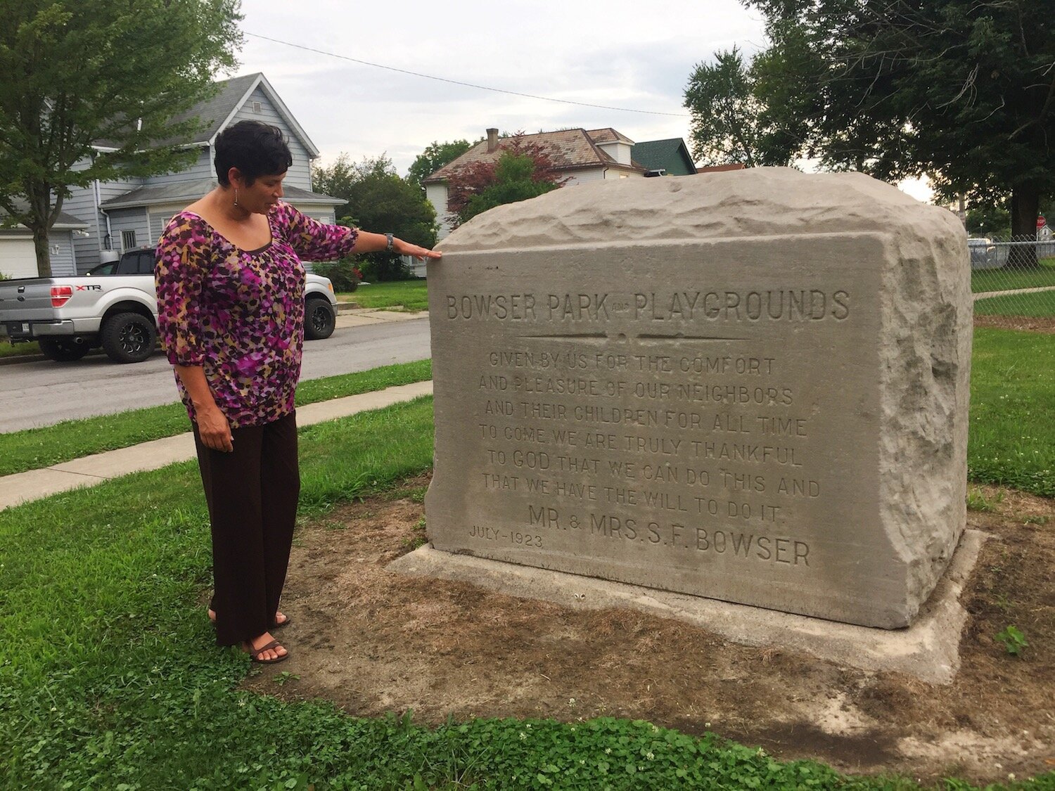 An impressive stone marker designates Bowser Park in Southeast Fort Wayne.
