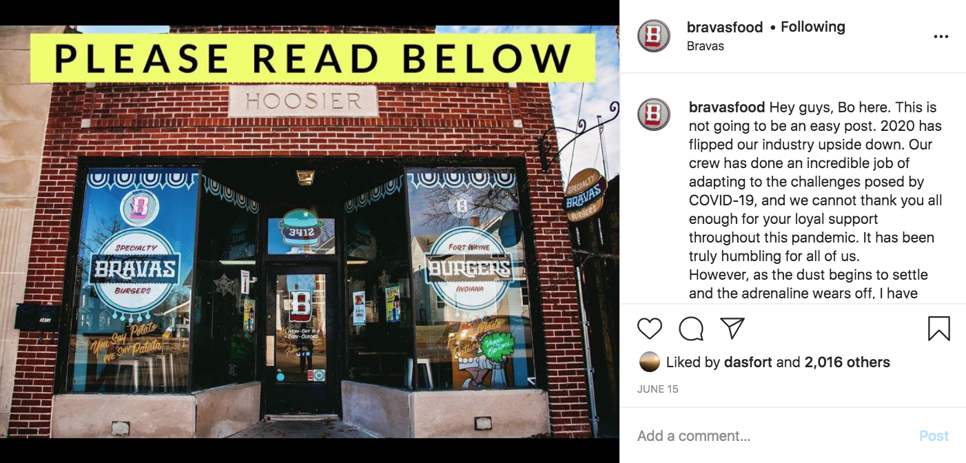 Bravas announced its closure on June 15, 2020, on Instagram.
