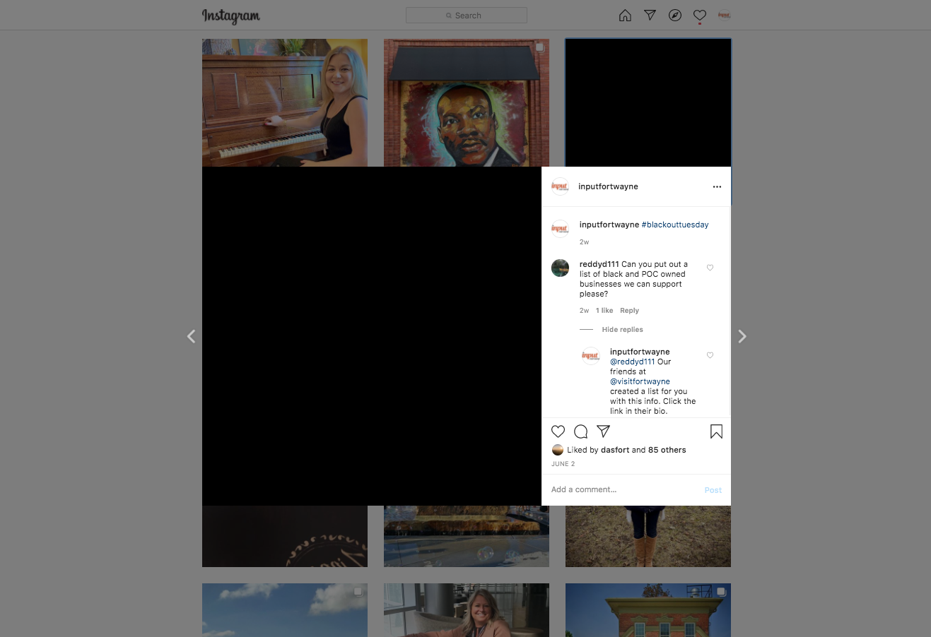 Input Fort Wayne was among the many companies and organizations to post a black square on Instagram for #blackouttuesday.