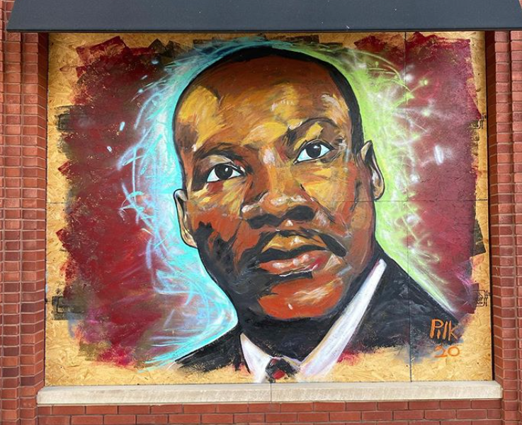 A mural of Martin Luther King Jr. by artist Jeff Pilkinton.