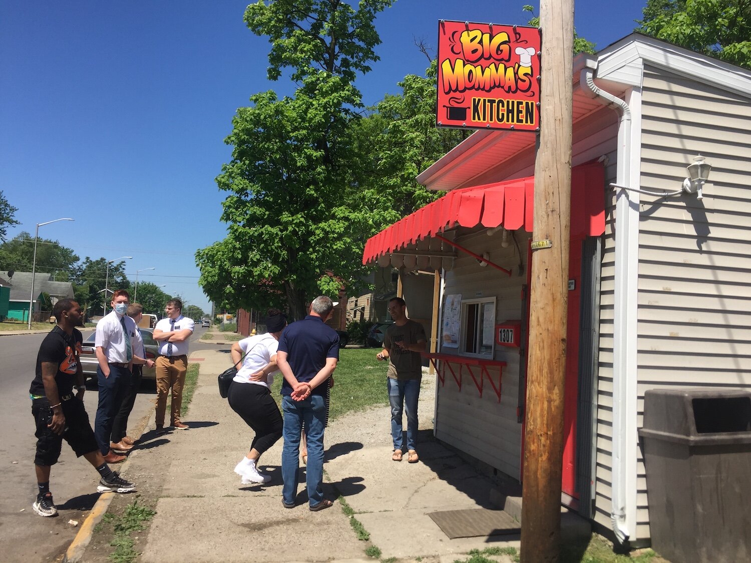 A line forms outside Big Momma's Kitchen at lunchtime on Monday, June 8, 2020.
