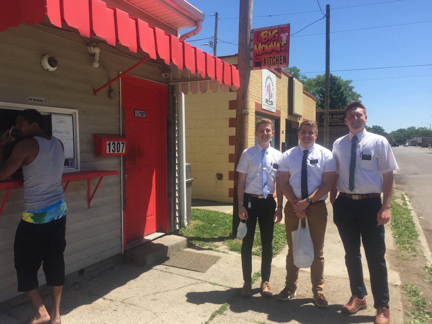 Three young missionaries from the Church of Jesus Christ and the Latter Day Saints, Elders Flacus, Riddle, and Funk, say they come to Big Momma's Kitchen about once or twice a week.