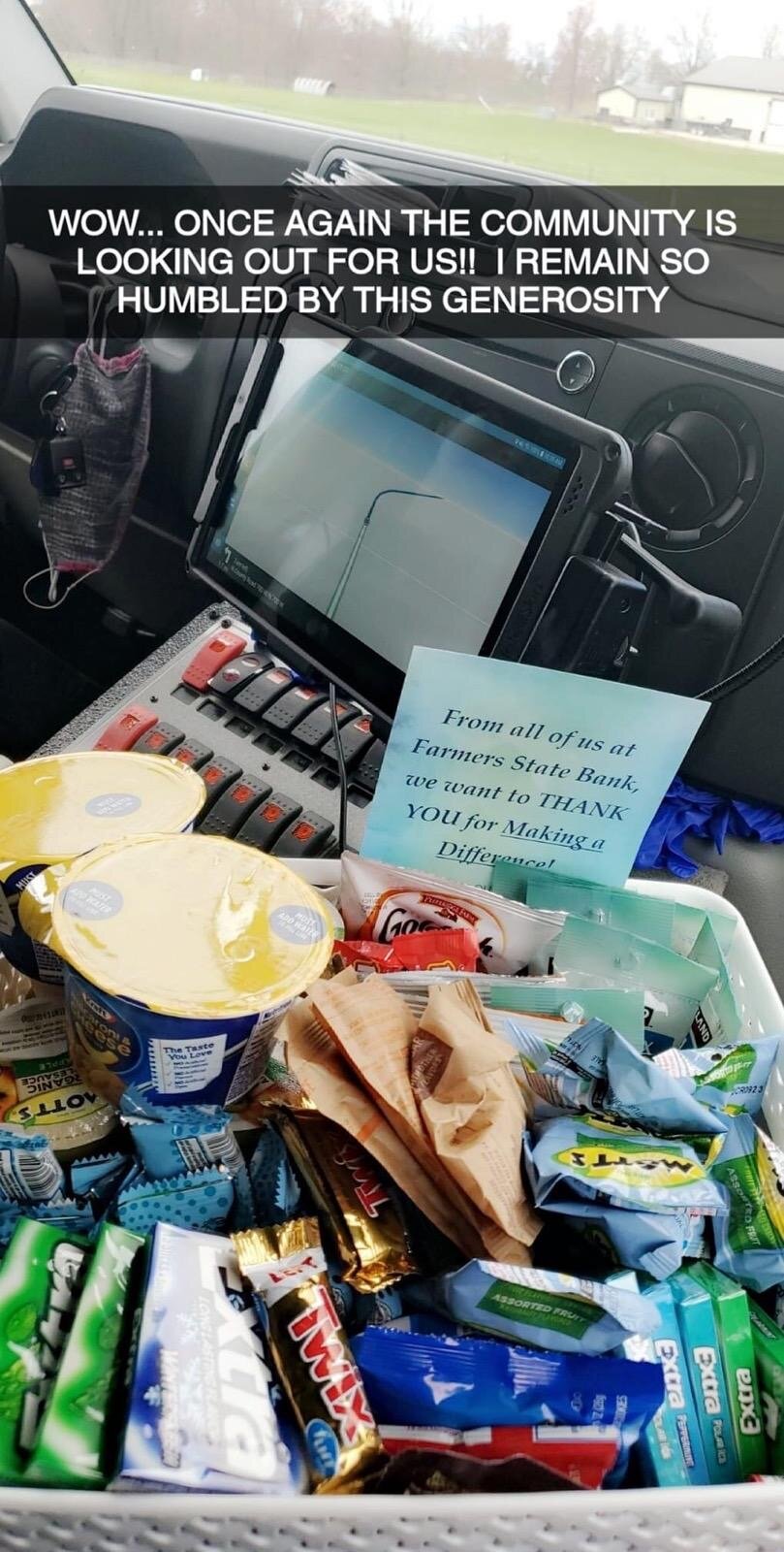 A snack basket from Farmers State Bank in LaGrange.