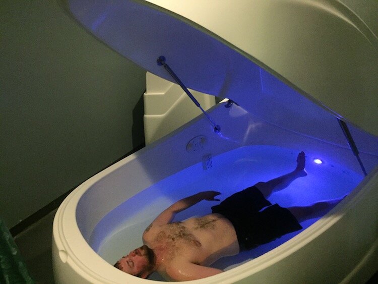 A Traxler family member demonstrates a float.