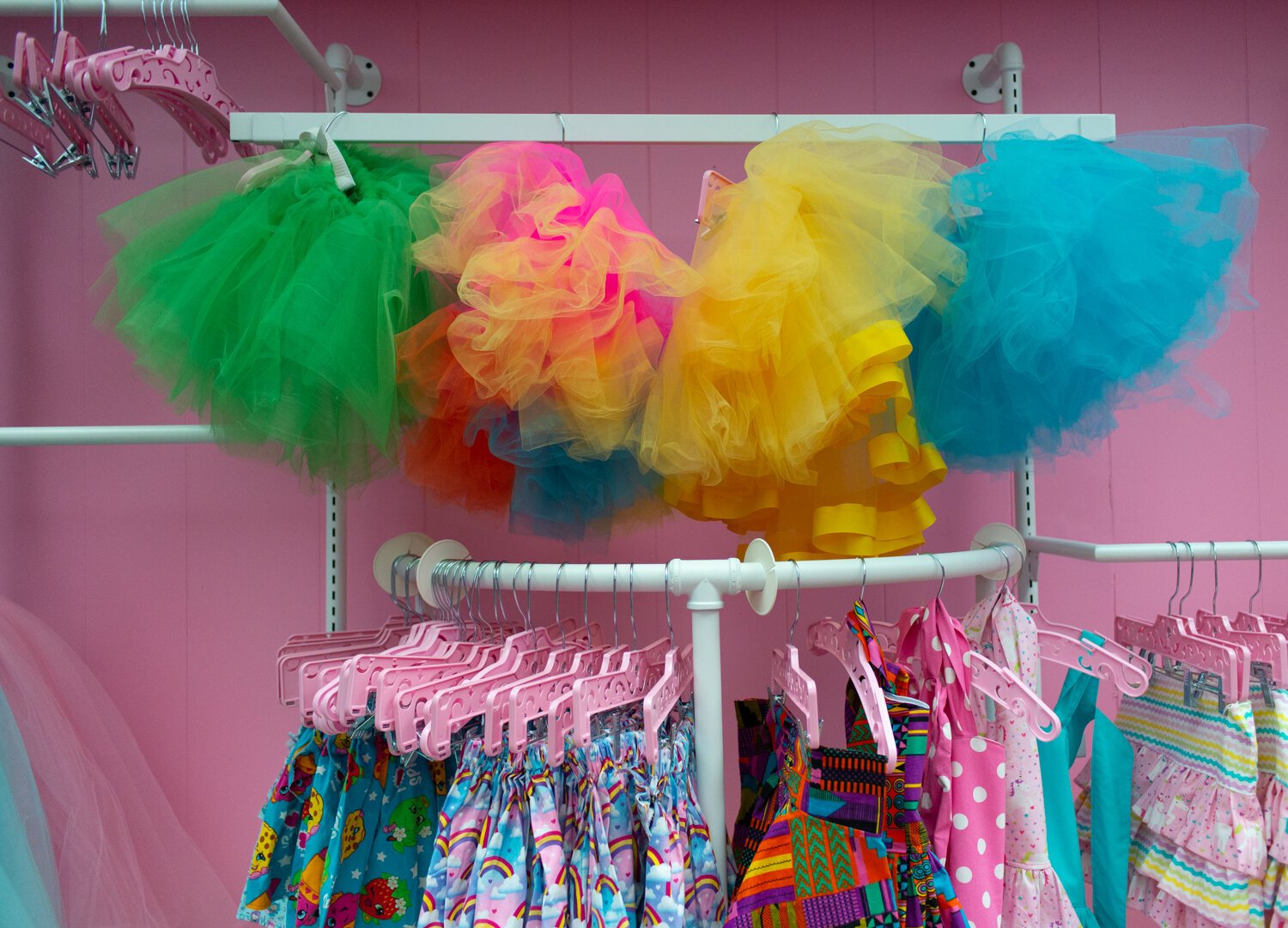 Tutus on the top shelf are custom orders.