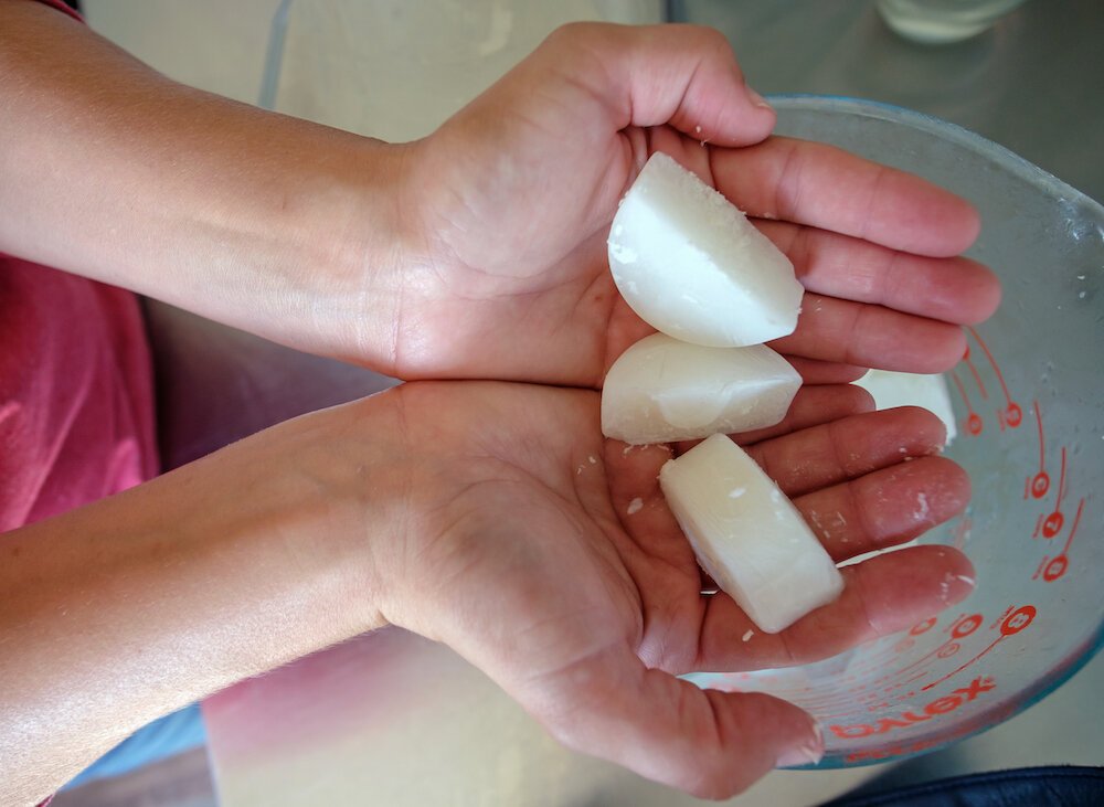 Amber holding pieces of frozen camels milk she uses for making soap.